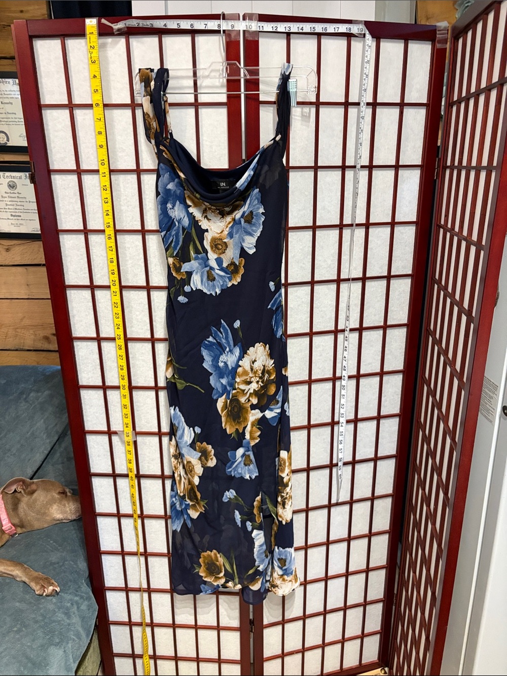 I.N. San Francisco Navy Maxi Slip Dress with Blue and Mustard Floral Print